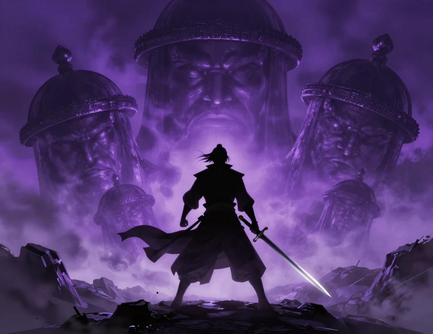 Silhouettierter Schwertkämpfer in einer Fantasy-Landschaft im violetten Nebel