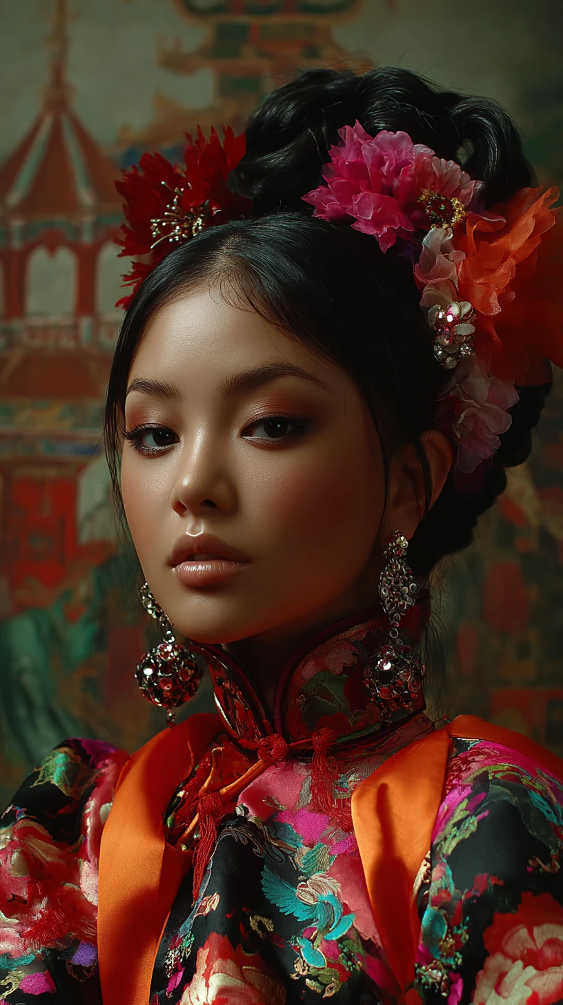 華やかな民族衣装をまとったアジア人女性と寺院絵画