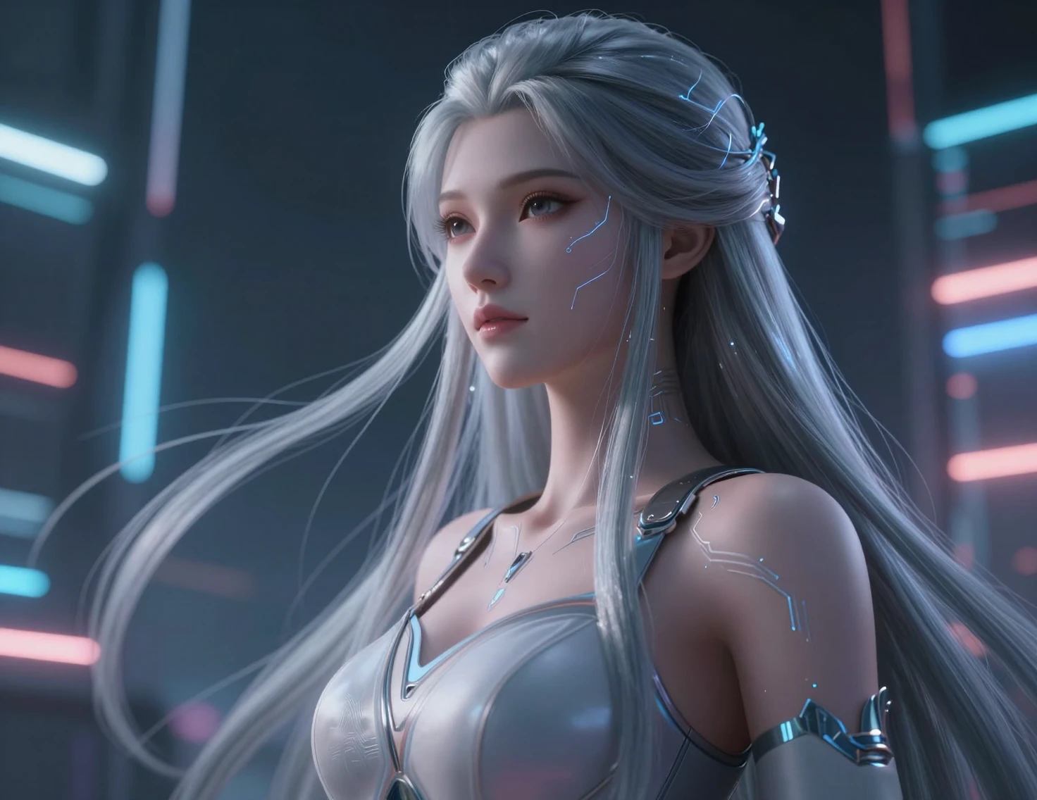 Futuristic female android portrait in neon lit interior