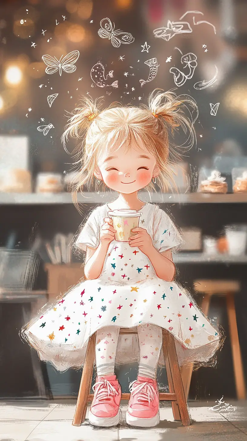 Young girl relaxing with coffee in cozy cafe illustration