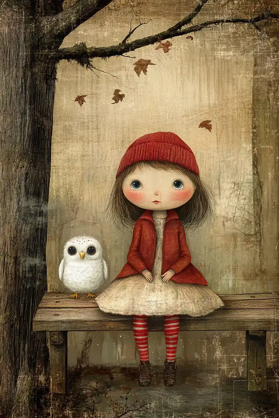 Young girl on a bench with snowy owls at twilight