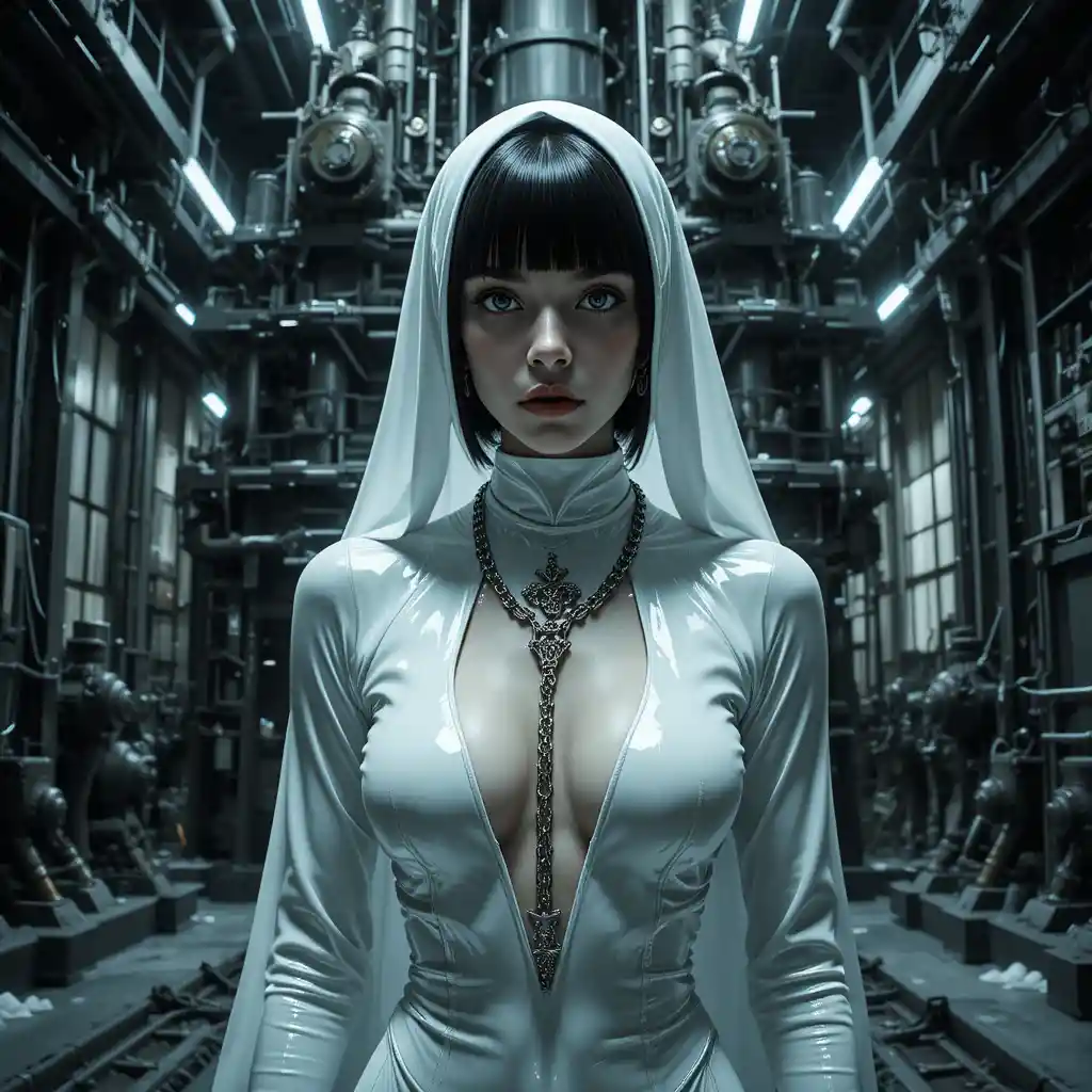 Cyberpunk-Nonne in weißem Latex vor Industriemaschine