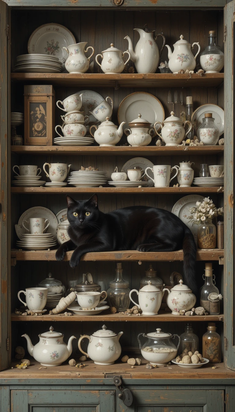 Gato negro descansando en la repisa de un armario de cocina vintage