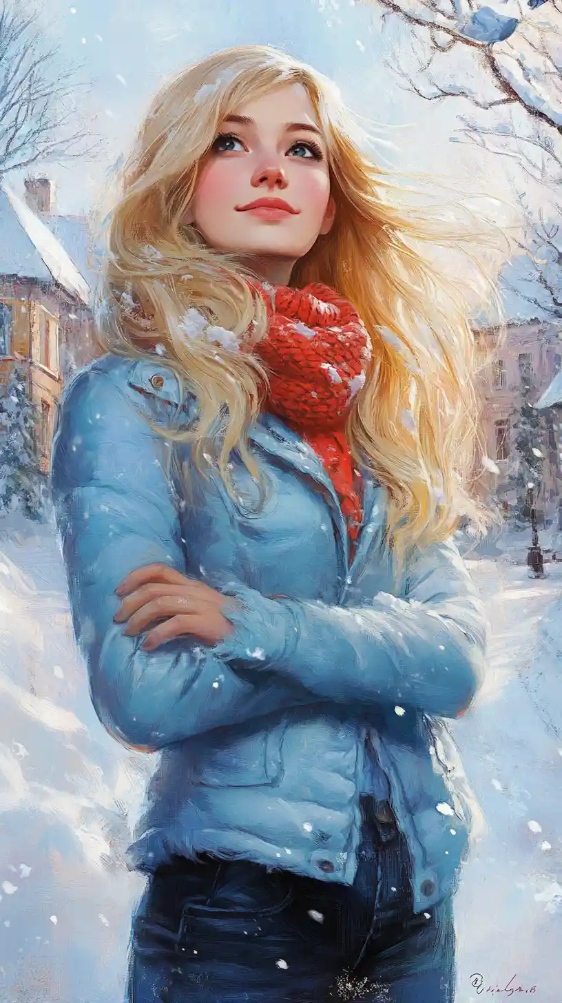 Chica sonriente con abrigo azul en un pueblo rústico nevado