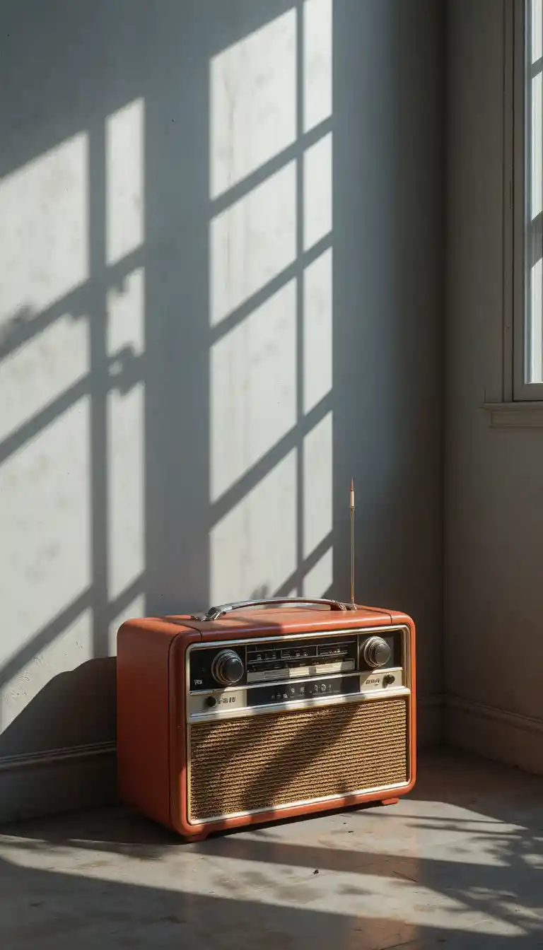 Vintage red radio on a grey floor in sunlight