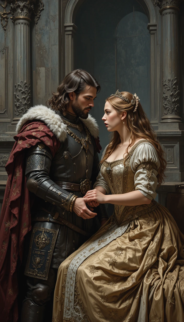Baroque painting of a tense medieval king and queen
