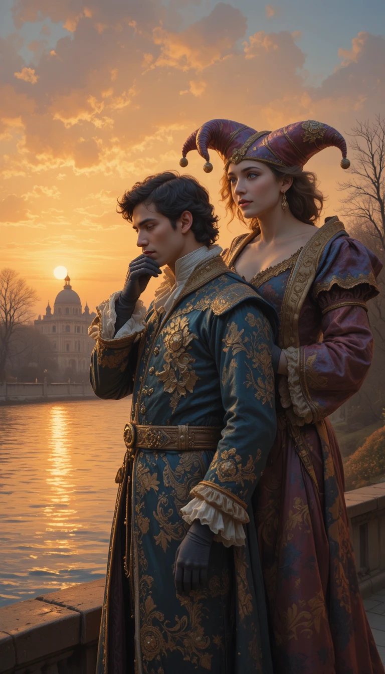 Giovane principe e giullare sulla riva di un fiume tranquillo al tramonto