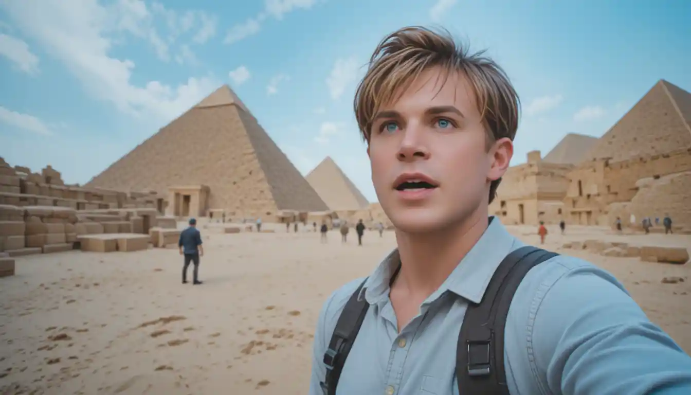 Man filming selfie travel vlog in ancient egypt desert