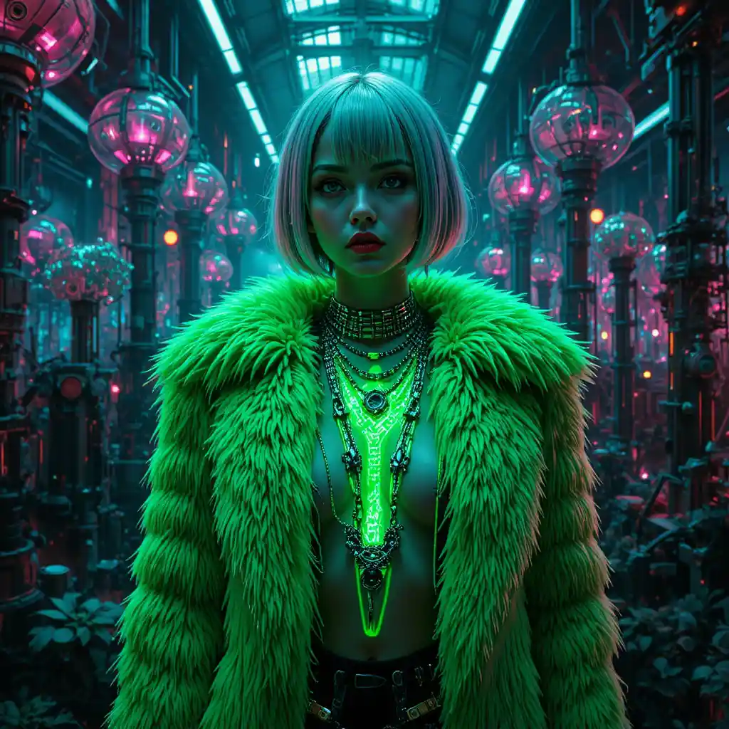 Cyber femme in neon fur coat among chrome reactor plants