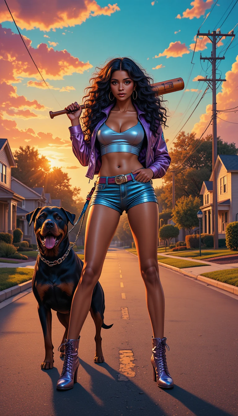 Confident woman with dog on suburban street at sunset