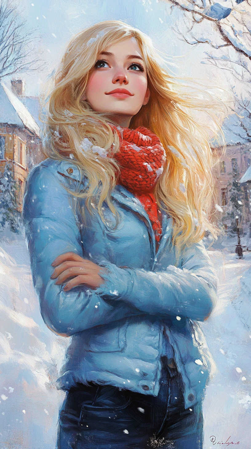 Chica sonriente con abrigo azul en un pueblo rústico nevado