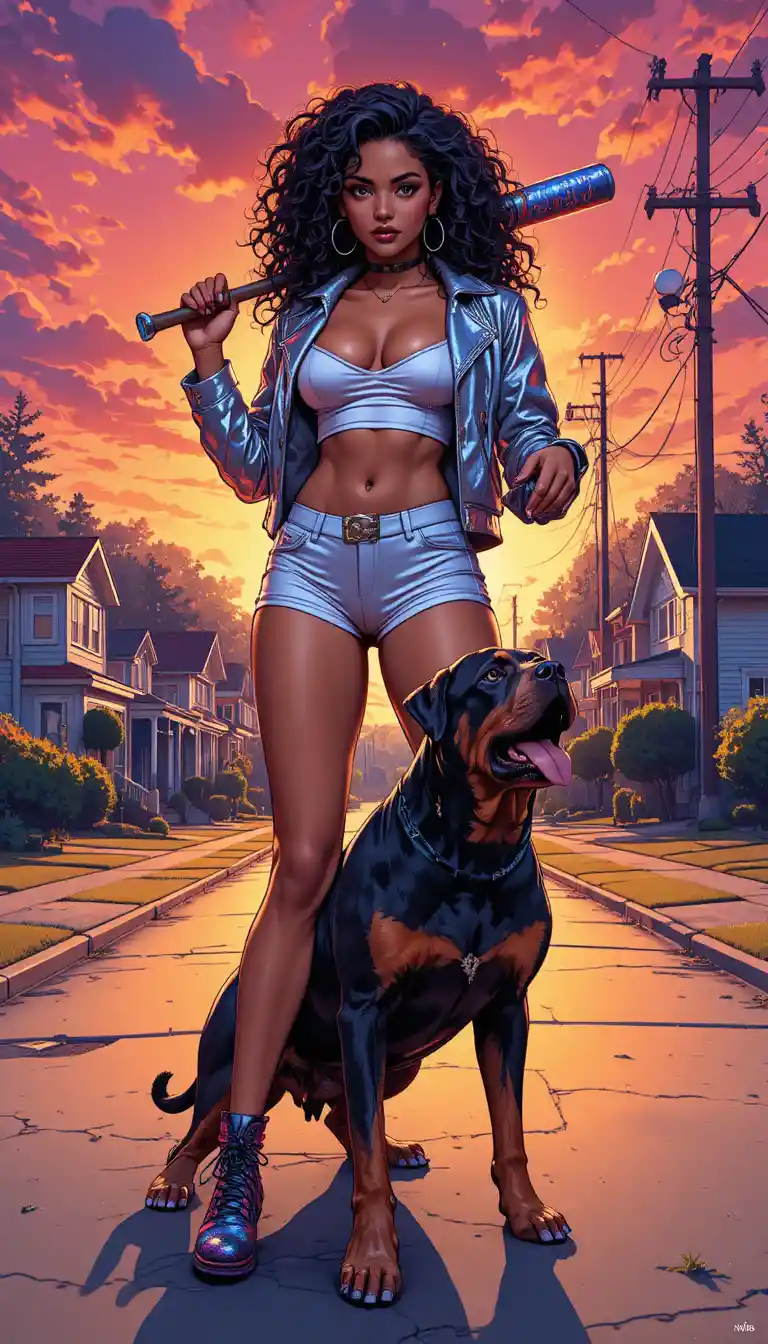 Urban heroine with rottweiler on a sunset street
