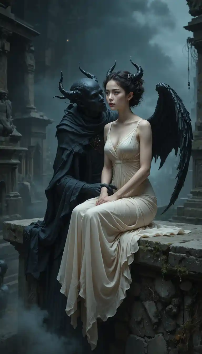 Ethereal horned woman with dark wings on stone ledge