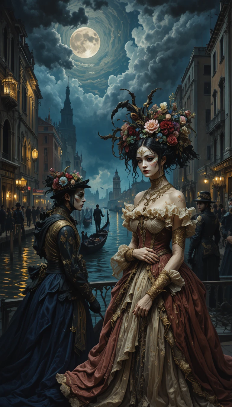 Noche de carnaval veneciano con figuras enmascaradas junto al canal