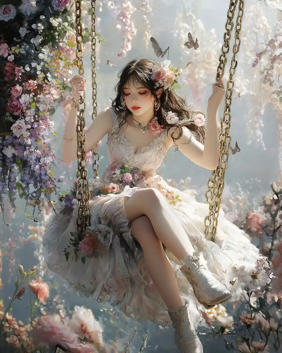 Victorian fantasy girl on a floral swing in pastel colors