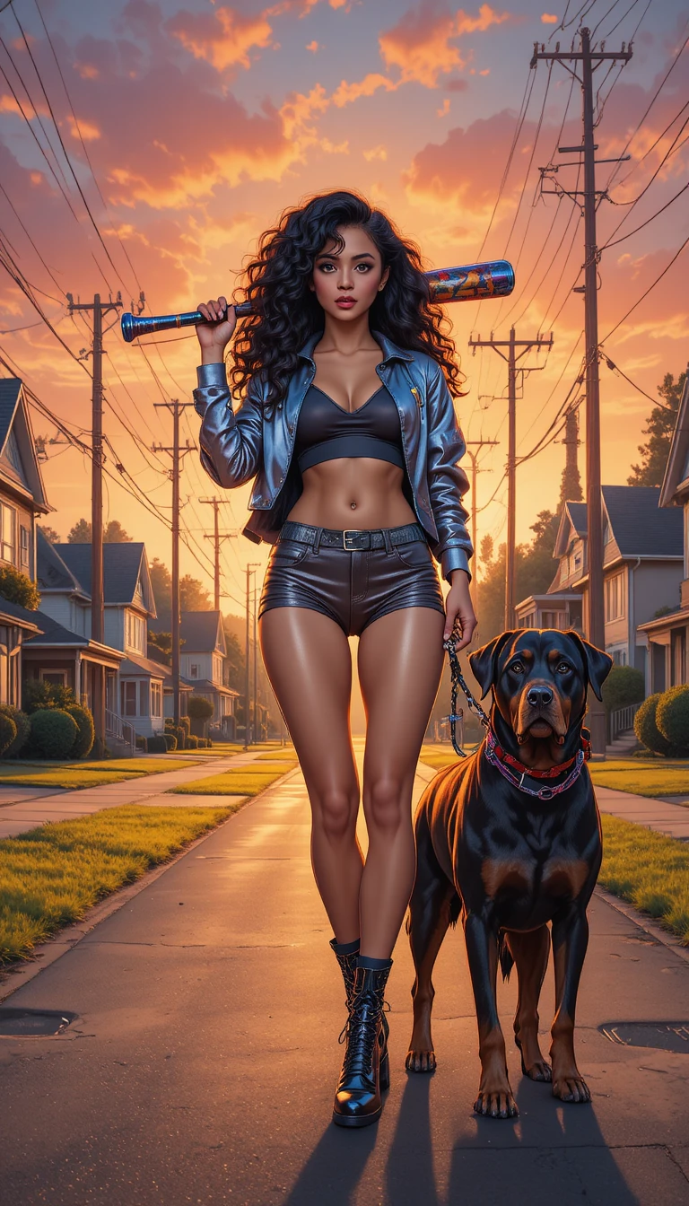 Confident woman with dog on a suburban street at sunset