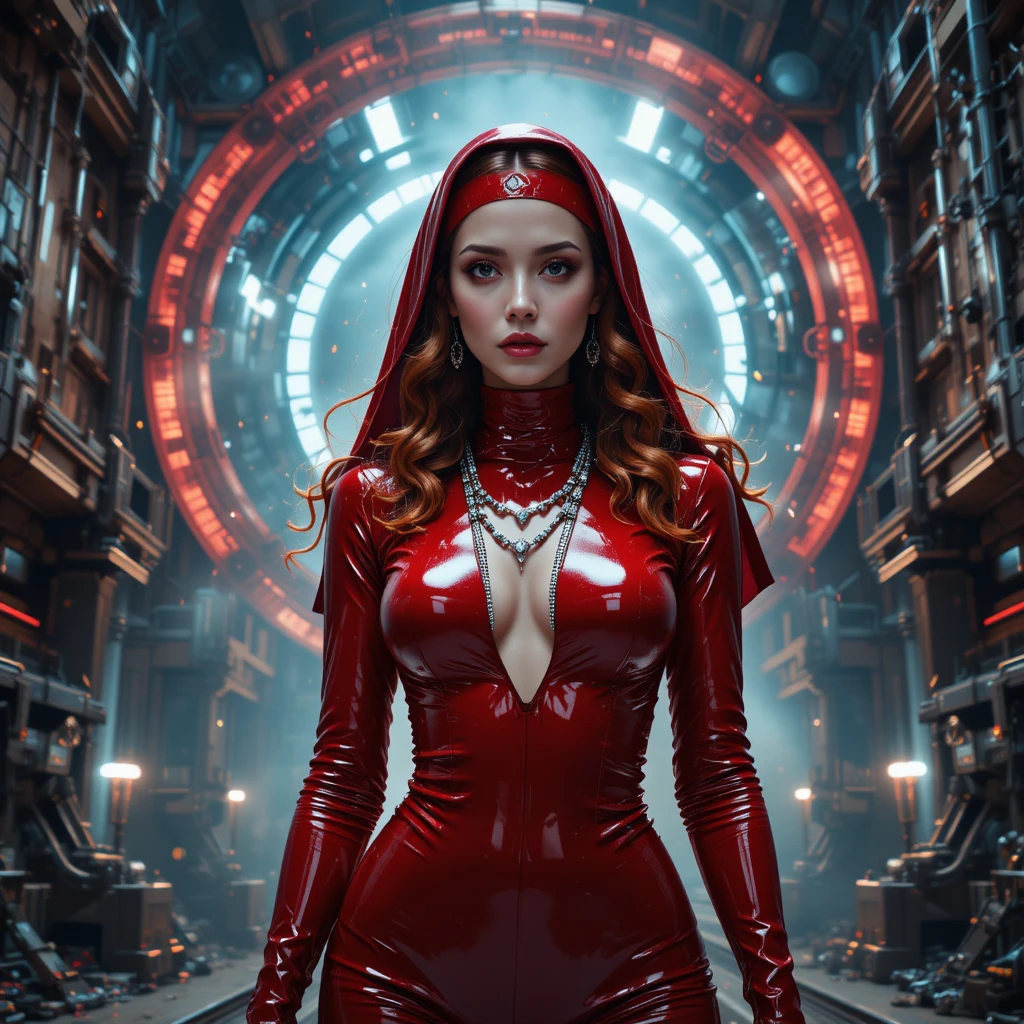 Monja cyberpunk de látex rojo frente a la maquinaria de un reactor orbital