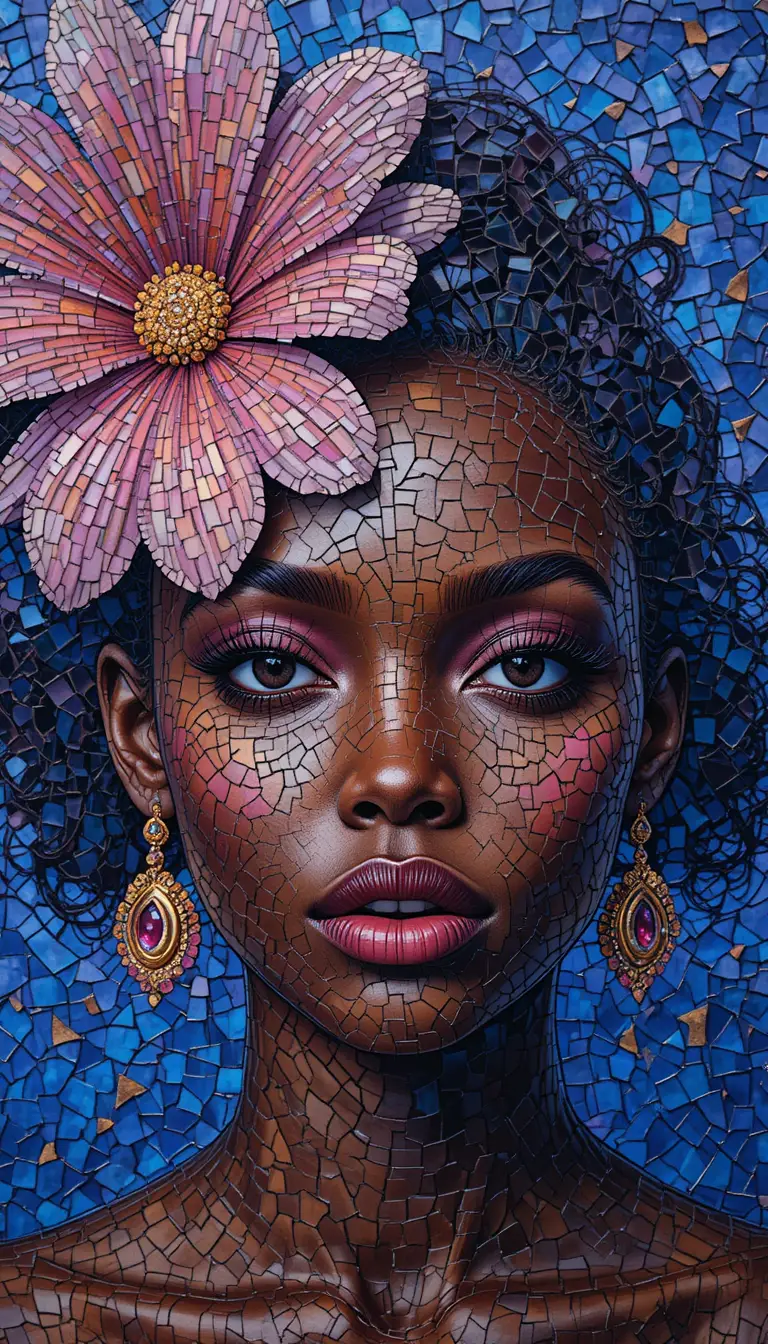 Mosaic portrait of a Black woman with vibrant flower