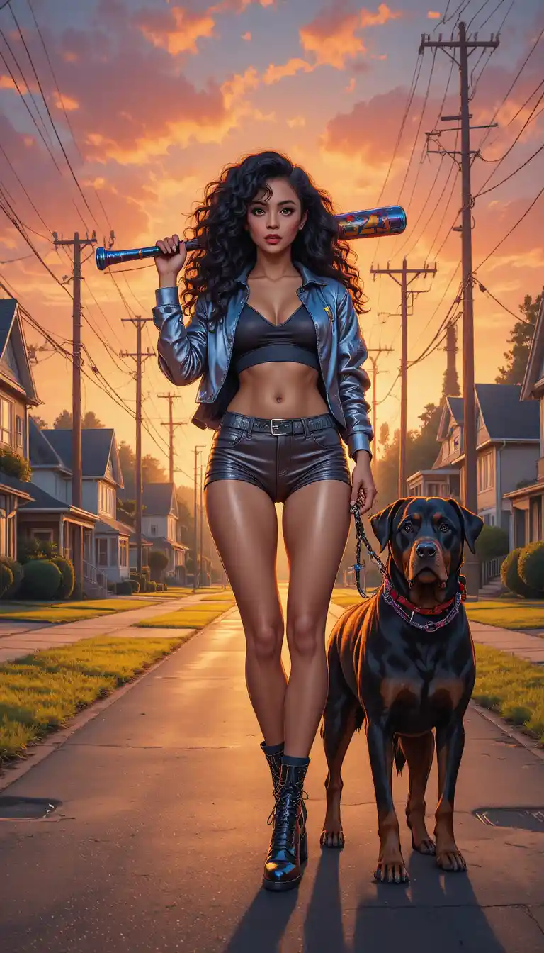 Confident woman with dog on a suburban street at sunset