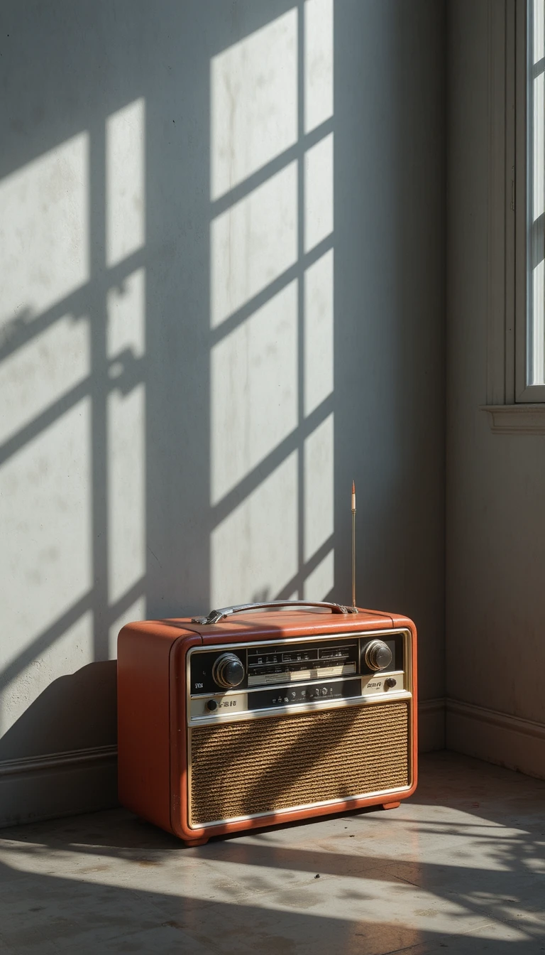 Vintage red radio on a grey floor in sunlight