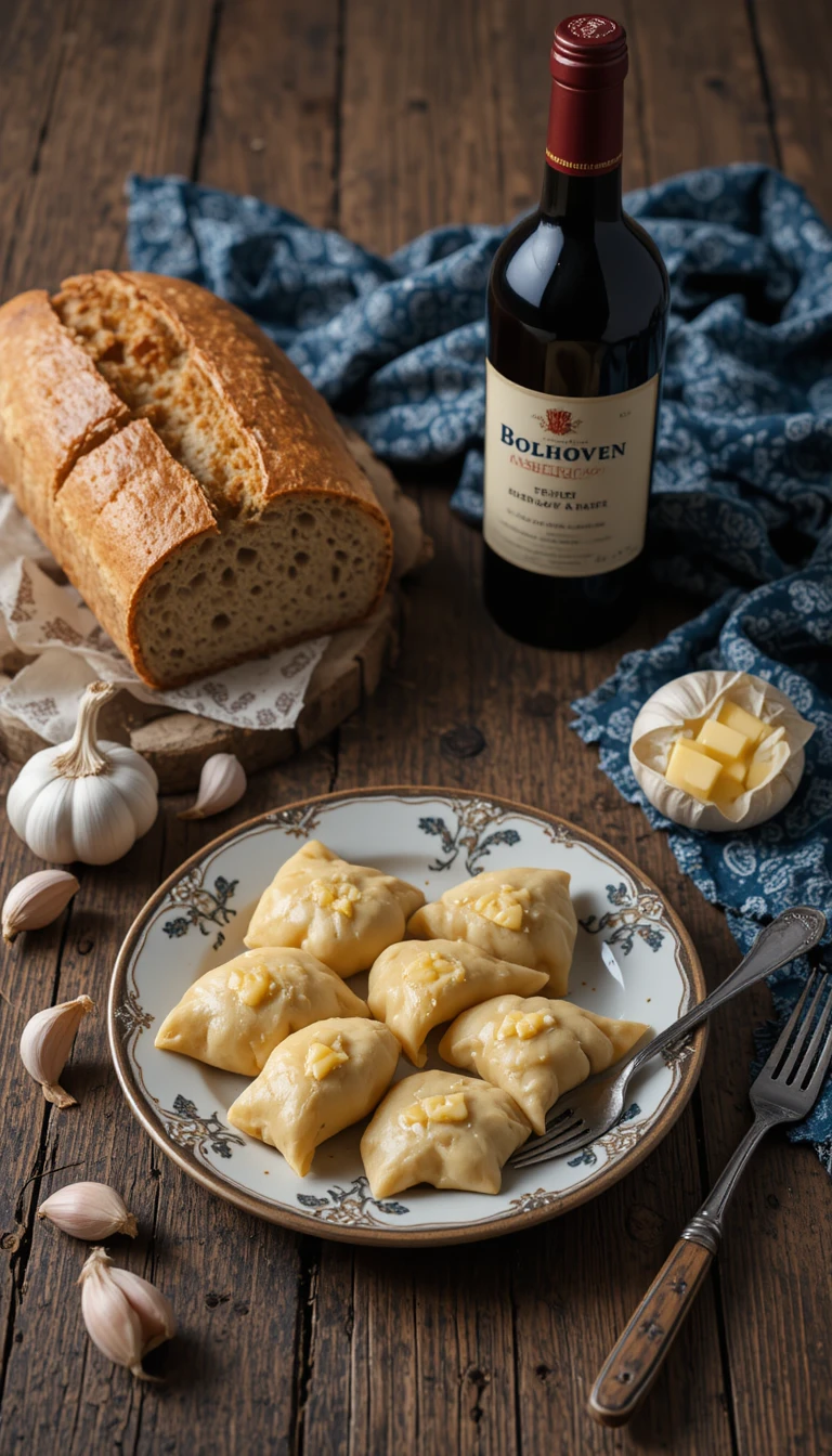 Bodegón rústico con pan, vino y pierogis sobre la mesa