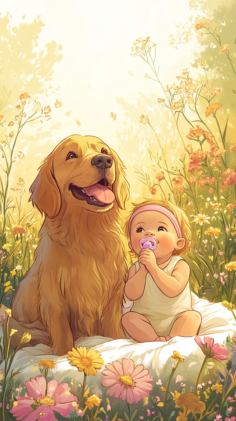 Neonata e cucciolo di golden retriever in un campo di fiori pastello