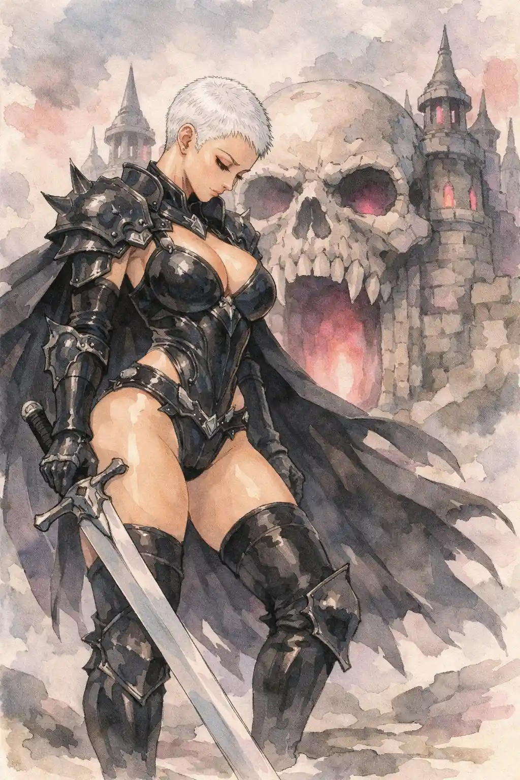 White haired anime warrior woman before skull fortress