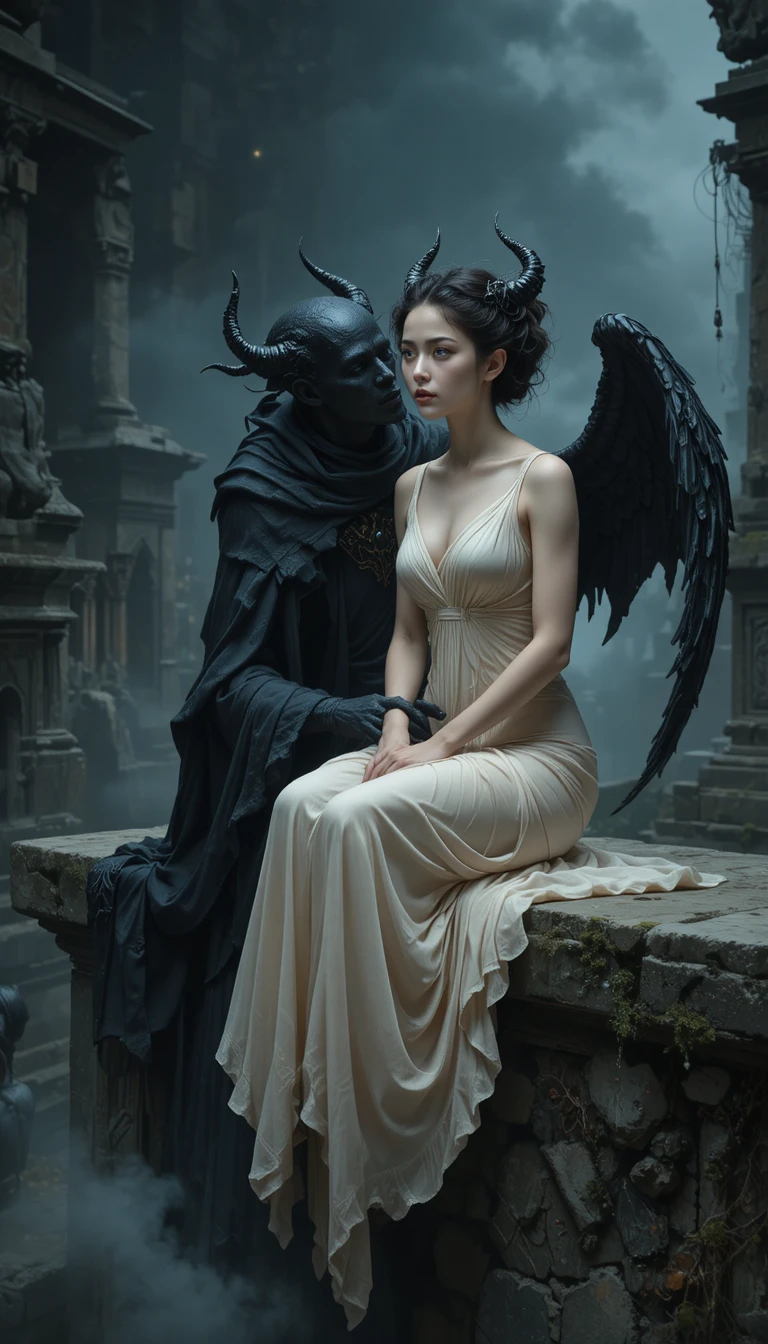 Ethereal horned woman with dark wings on stone ledge