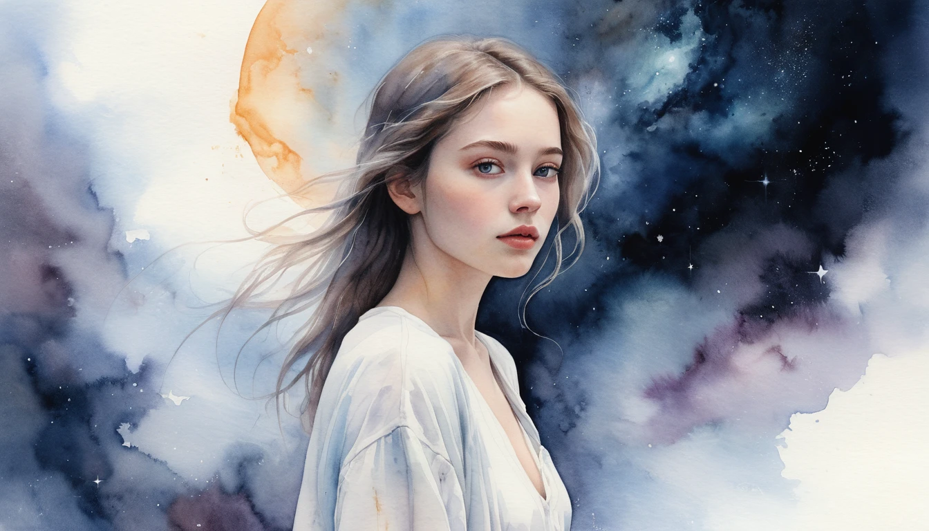 Giovane donna che si dissolve nella luce all'interno di una nebulosa cosmica
