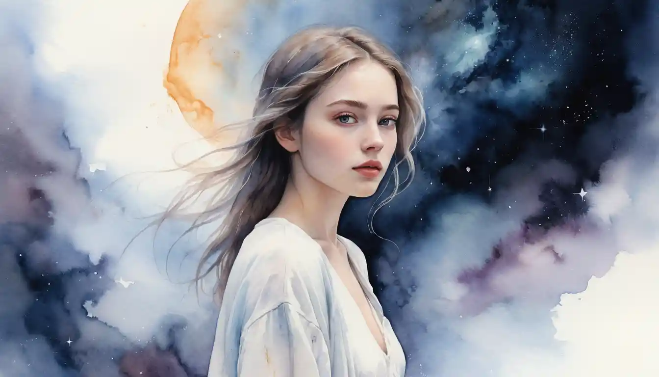 Giovane donna che si dissolve nella luce all'interno di una nebulosa cosmica