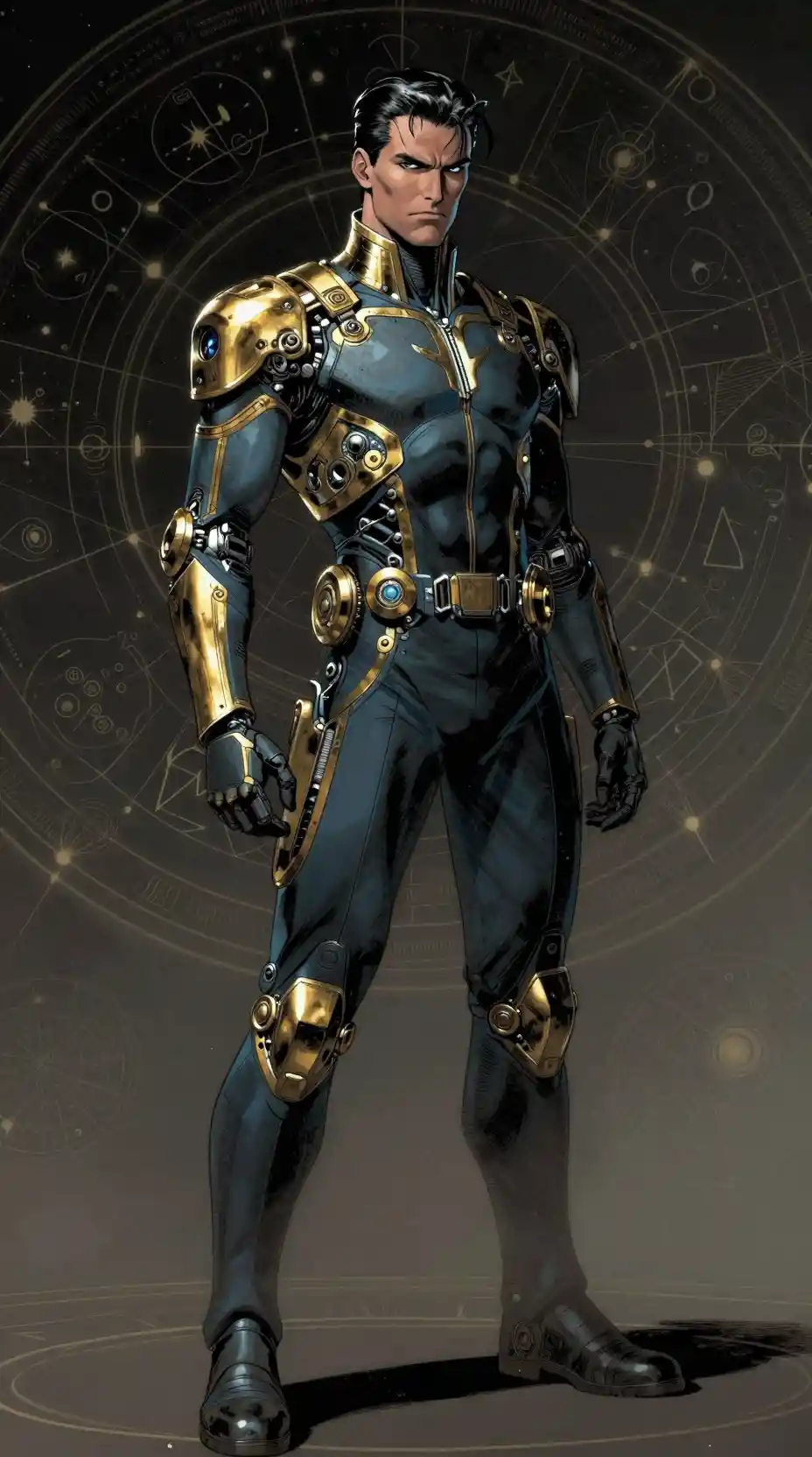 Somber retrofuturistic man in ornate uniform with astral charts