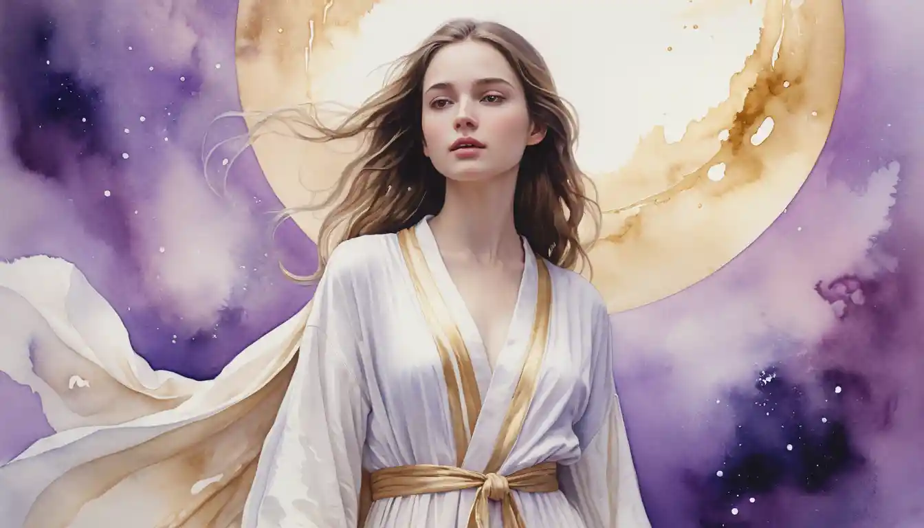Young woman in flowing robe in ethereal cosmic watercolor