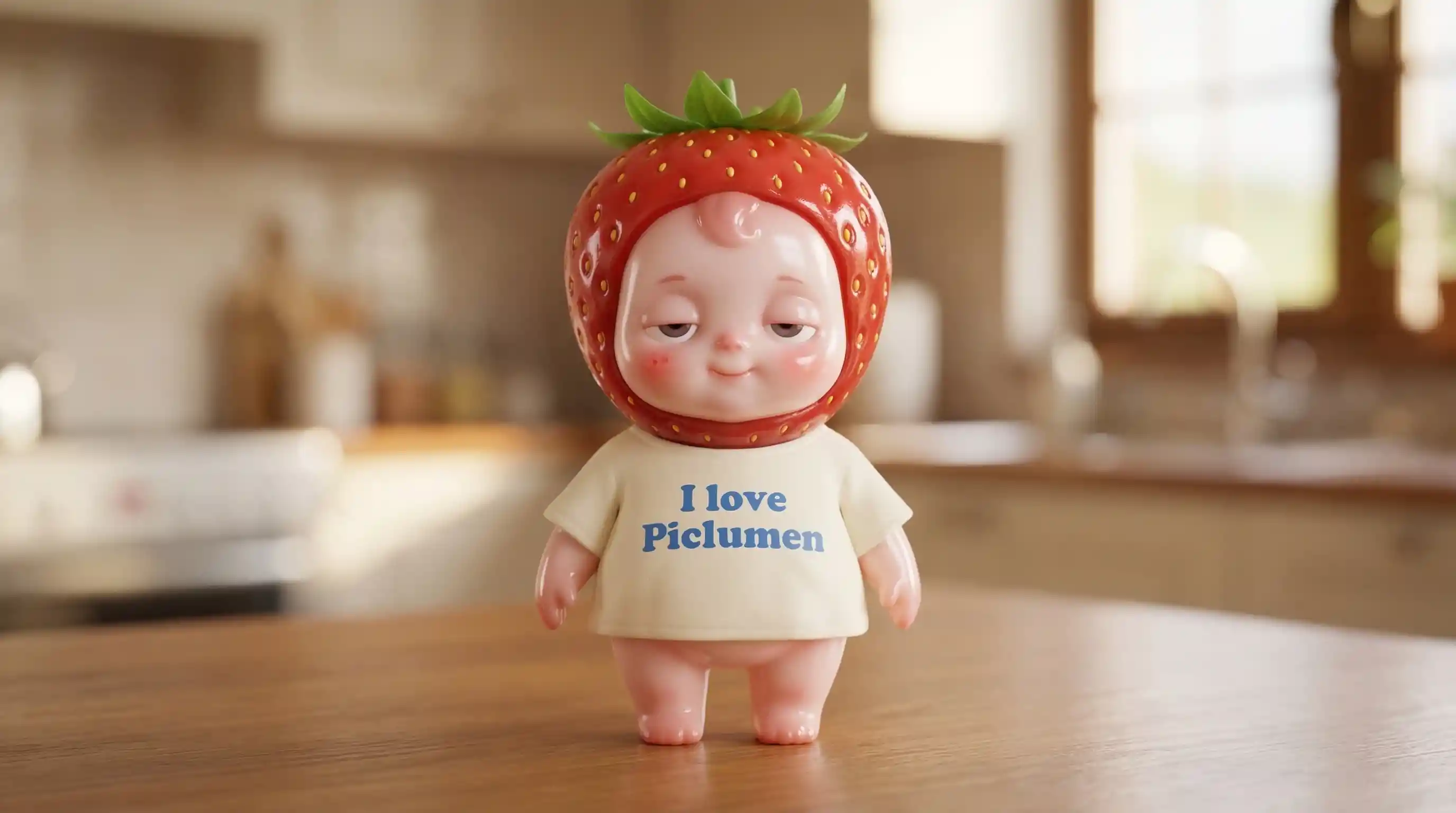 Cute strawberry baby character standing on wooden table