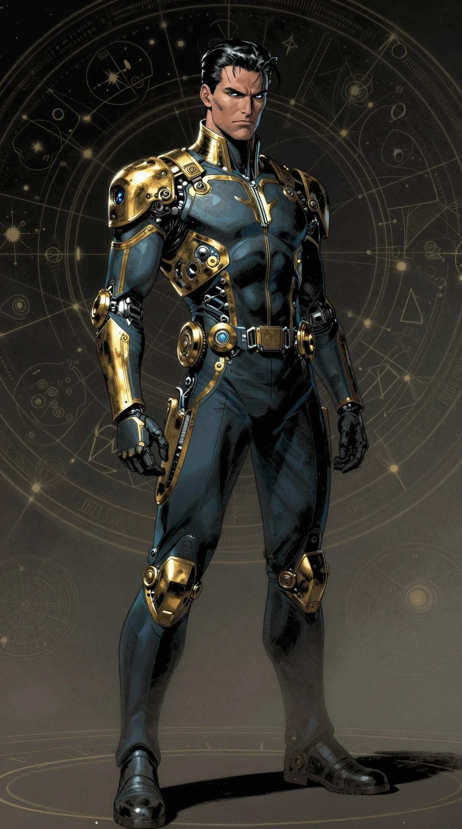 Cupio uomo retrofuturista in uniforme ornata con mappe astrali