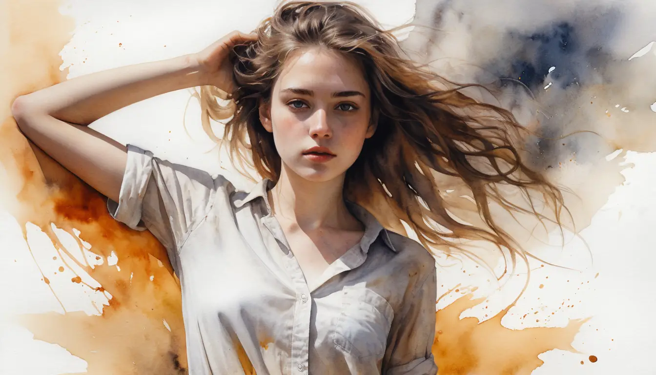 Low angle watercolor of a young woman on a lurching train