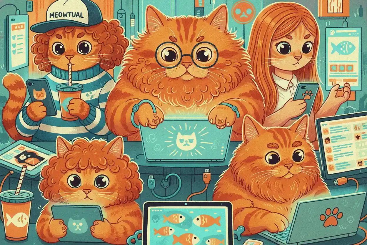 Whimsical orange cats with gadgets in a digital age