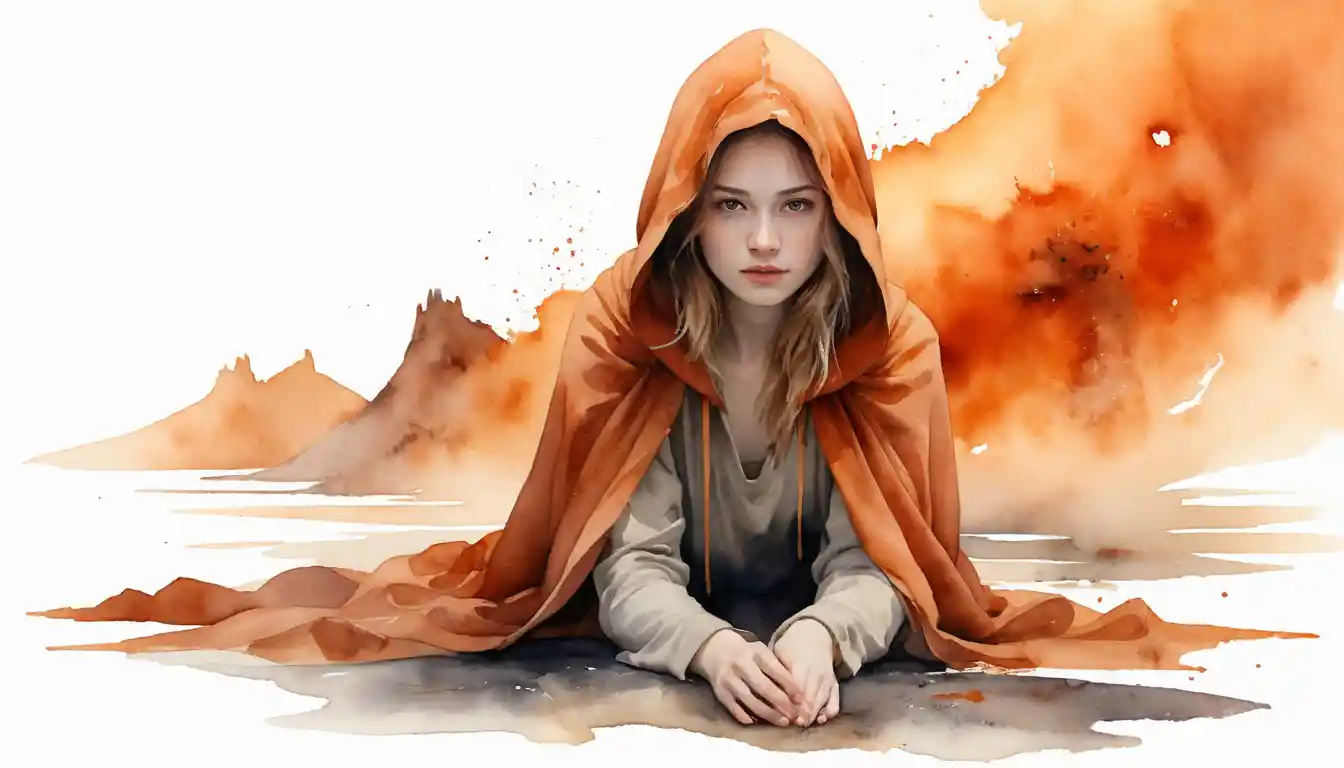 Watercolor side view of a young woman in a hooded cloak