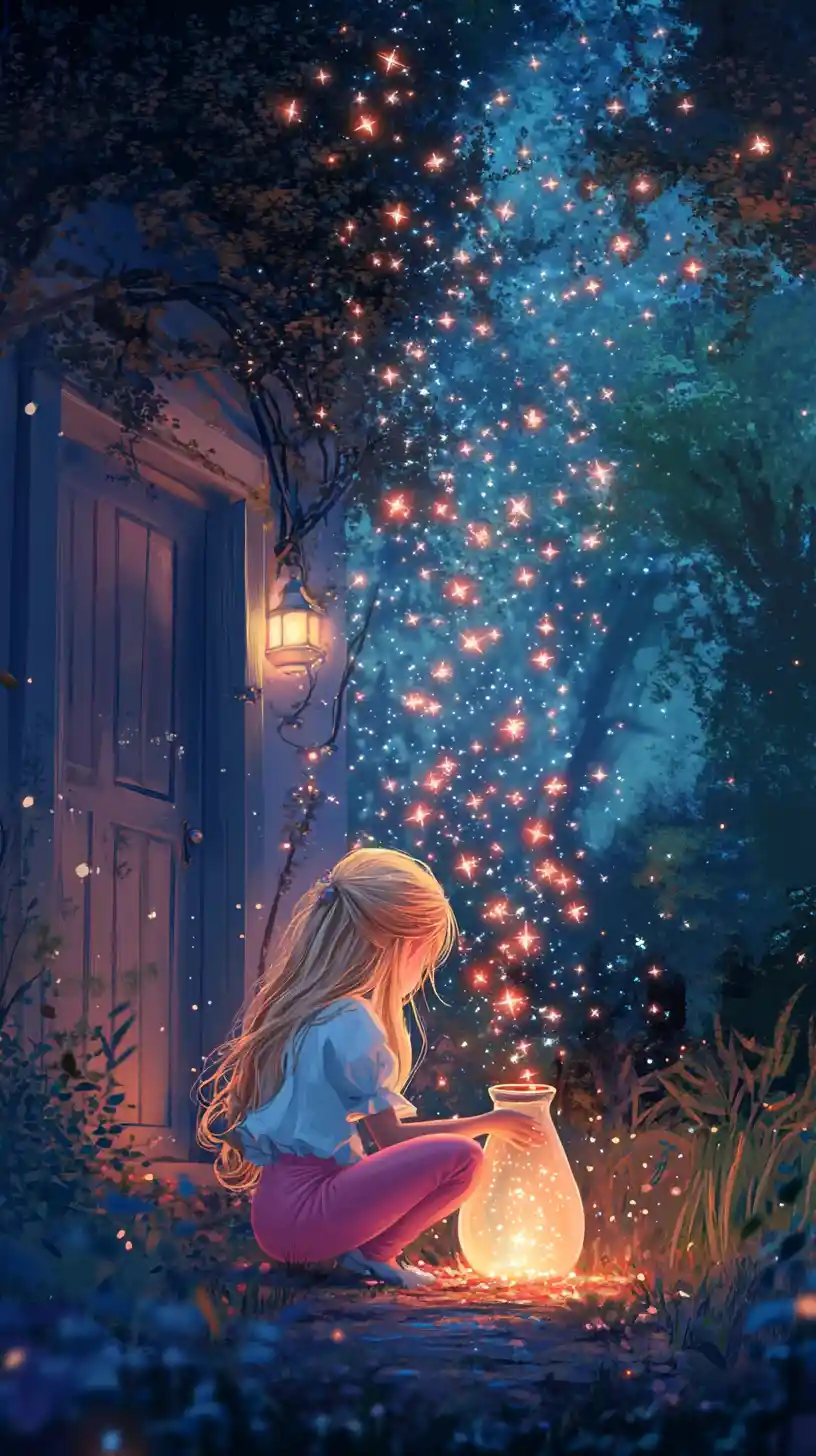 Girl releasing glowing stars from a magical bottle