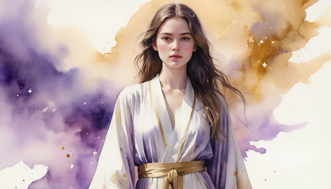 Young woman in ivory robe amid cosmic watercolor alignment