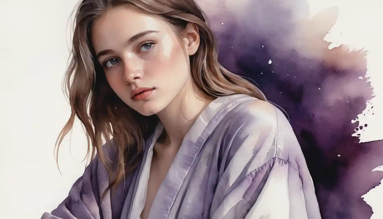 Young woman in linen robe at frosted spaceship window