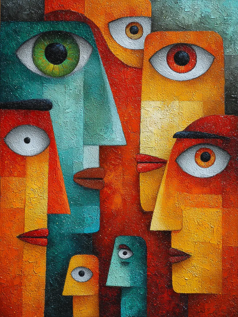 Cubist group portrait of fragmented faces and small figures