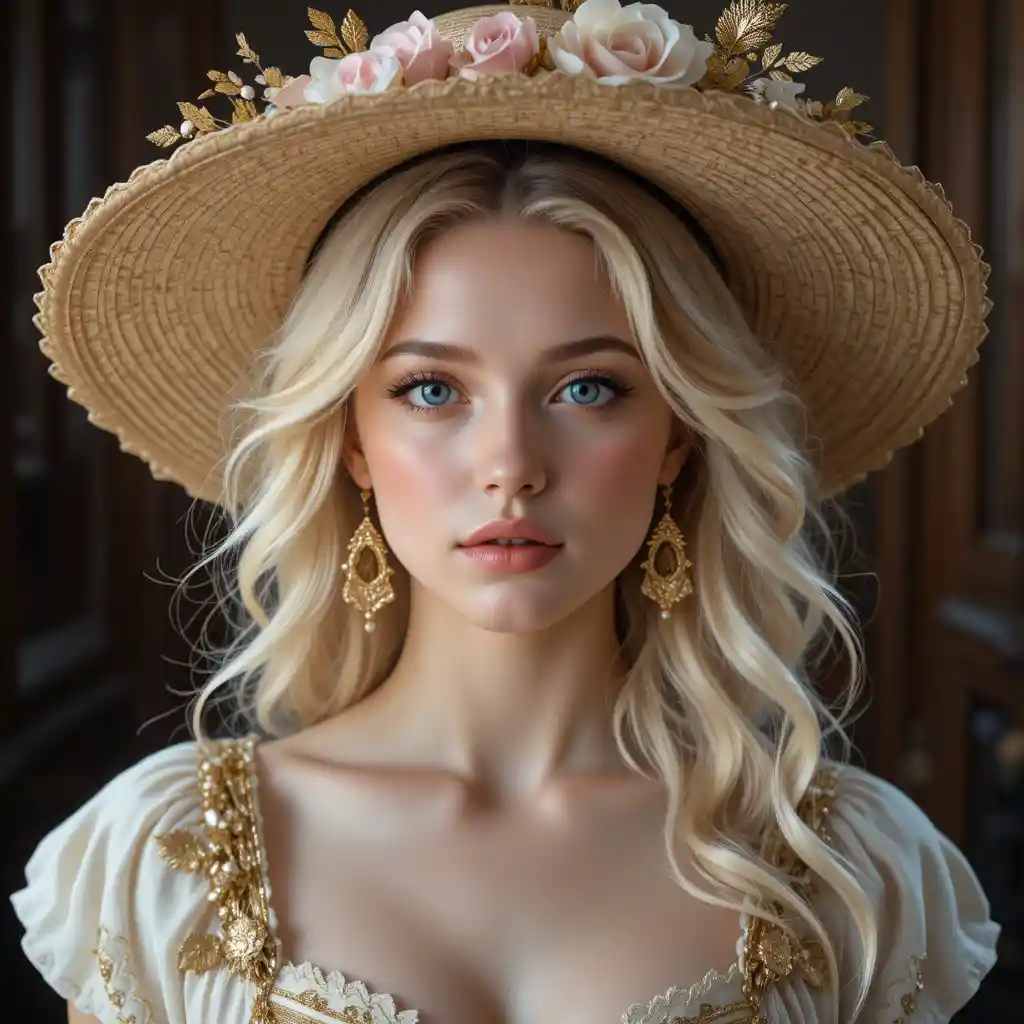 Young blonde girl in floral straw hat portrait
