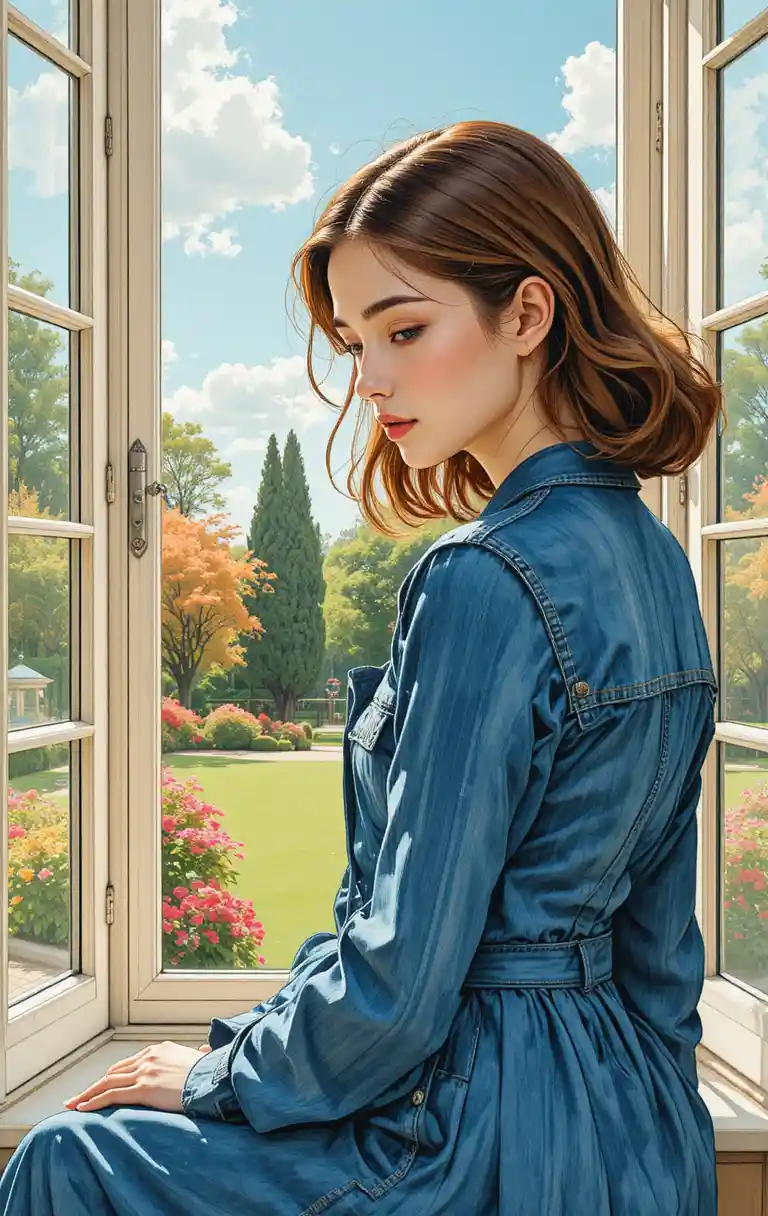 Pensive young woman by a bright window in soft colors