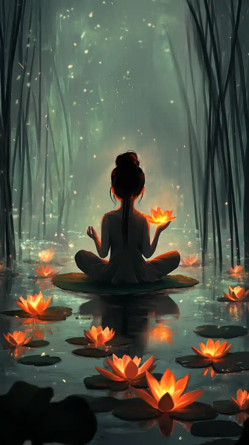 Girl meditating on lily pad with glowing lotus flowers