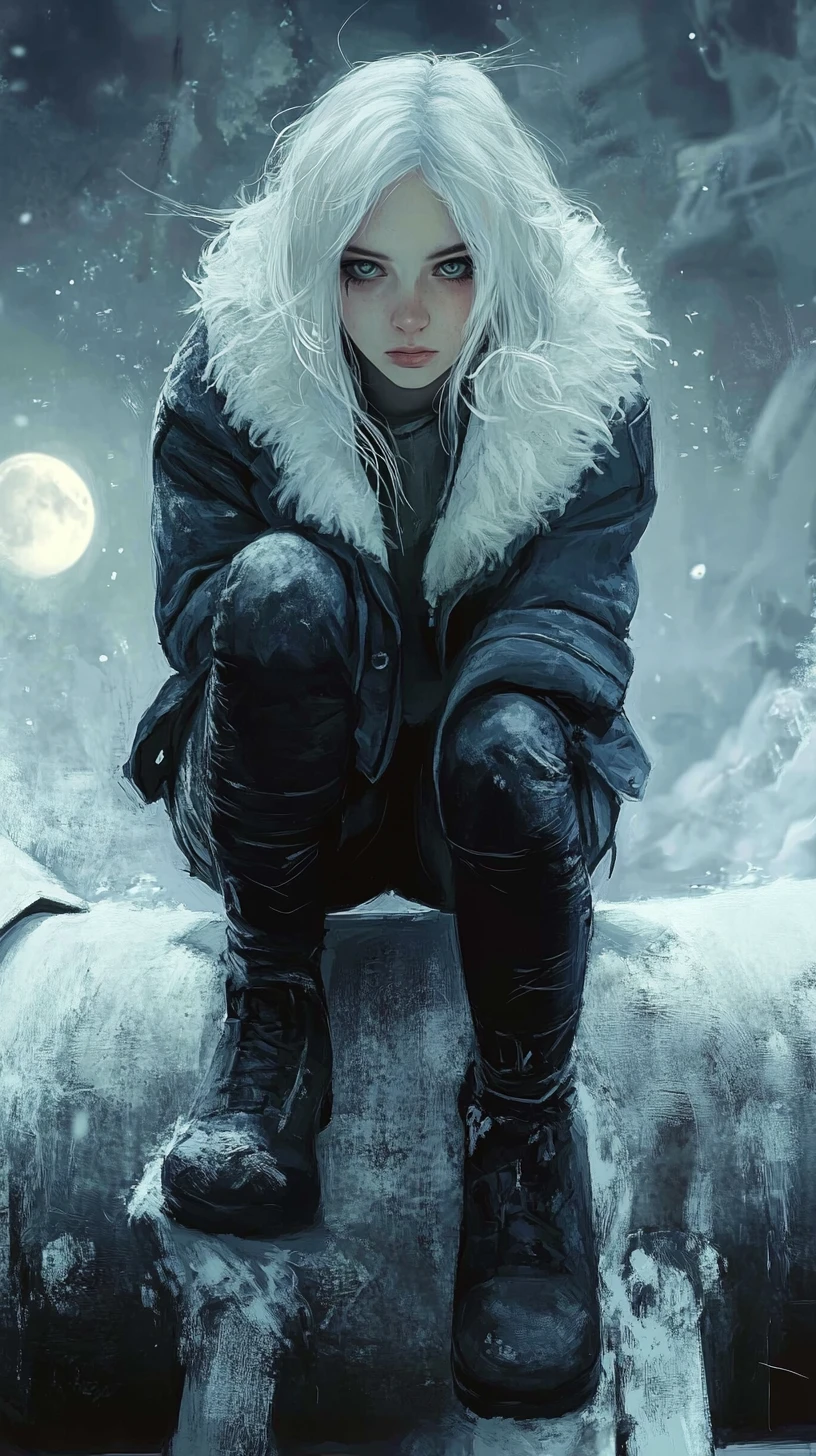 White haired anime girl on a pipe in moonlit ruins