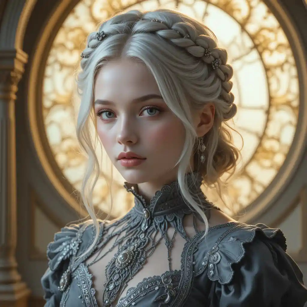 Ethereal silver haired girl in a victorian inspired gown