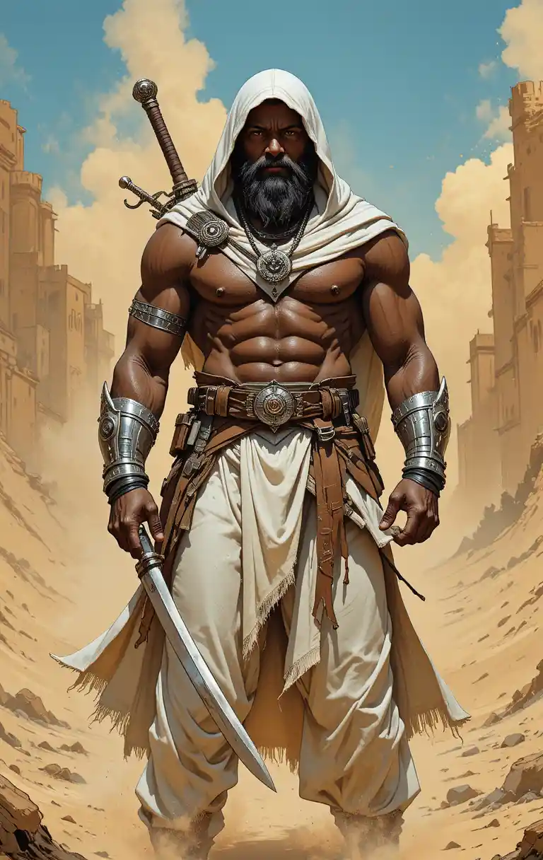 Dark skinned warrior in white robes with sword in desert