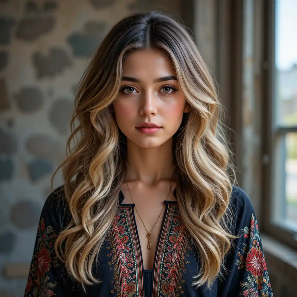 Mujer de Oriente Medio con cabello ondulado con mechas y vestido tradicional
