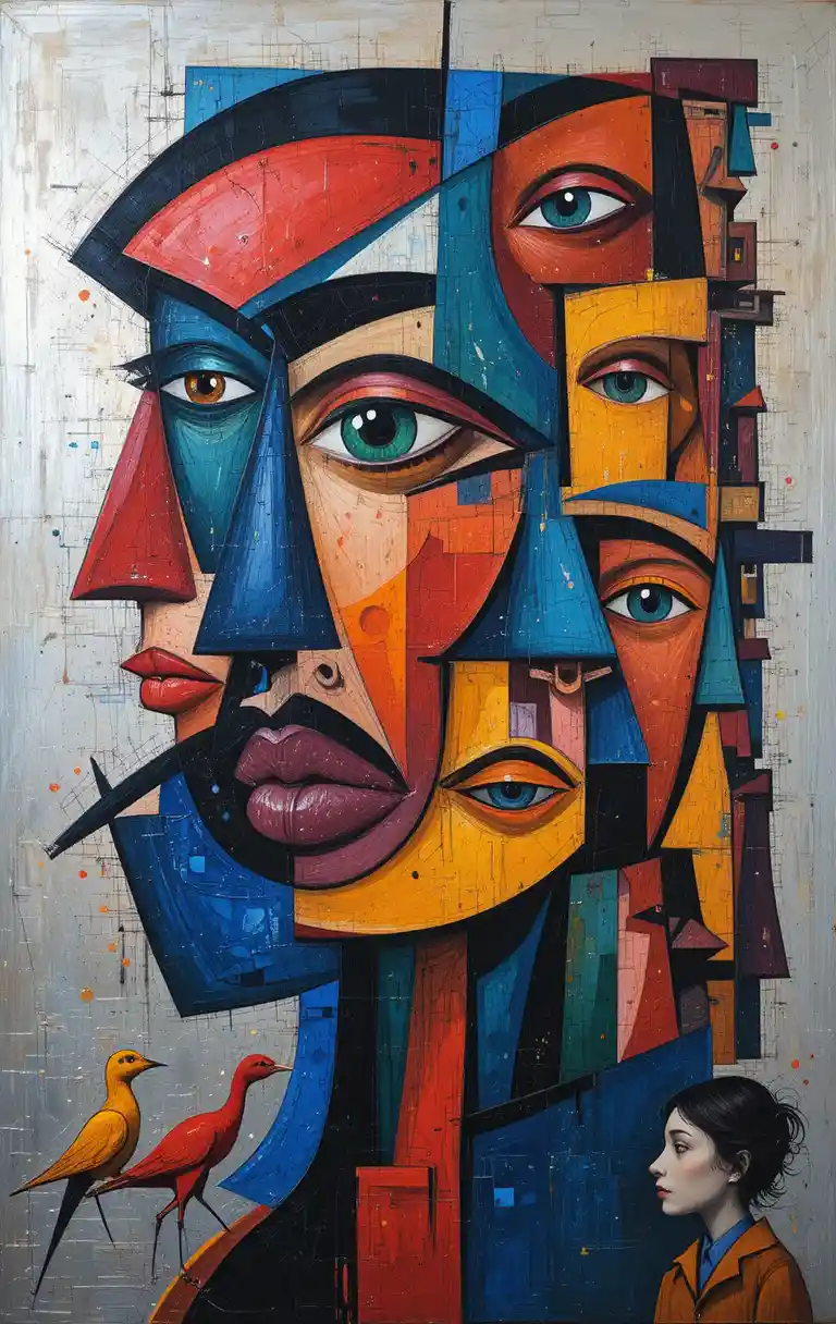 Cubist abstract faces with bold geometric shapes and color