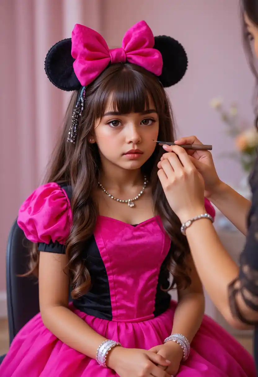 Young boy in pink dress getting makeup applied nervously